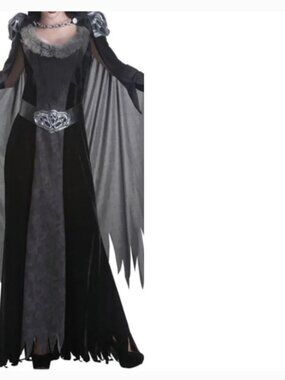 Death Queen Halloween Costume Medium Black Gray Fur Trim Dress Party Womens